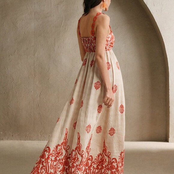 Burnt Orange Boho Women's V-Neck Contrast Print Beach Dress - Picture 2 of 6